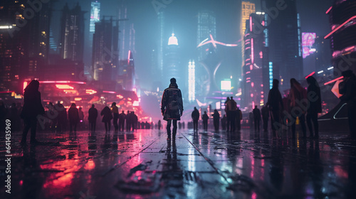 Cyberpunk landscape, multiple cosplayers, neon city background, rain - soaked, reflective surfaces