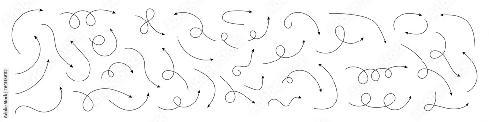 Curved arrows. Set of vector hand drawn zigzag arrows. Collection of pointers. Vector illustration. Curved arrows. Set of vector hand drawn zigzag arrows. Collection of pointers. Vector illustration.