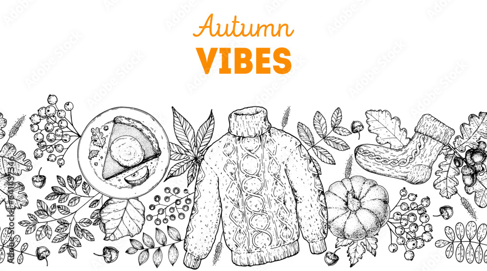 Cozy Autumn frame. Hand drawn vector illustration. Design elements. Set of twigs, cake slice, sock, sweater, leaves, acorn, berries, pumpkin. Horizontal seamless. Hand drawn sketch.