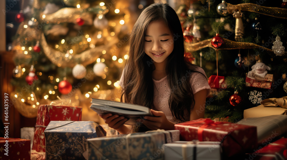   Joyful Asian Teen Celebrating Christmas with Gifts by the Tree. Generative AI