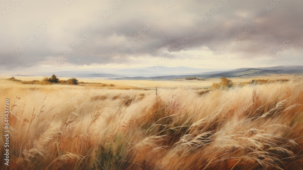 Painting of a prairie landscape and grasses. Grassland scenery and overcast sky in autumn. - obrazy, fototapety, plakaty 