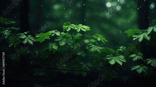 A mesmerizing depiction of rain-splattered leaves in a serene forest setting, where the play of light and shadow creates a mood of peaceful calm