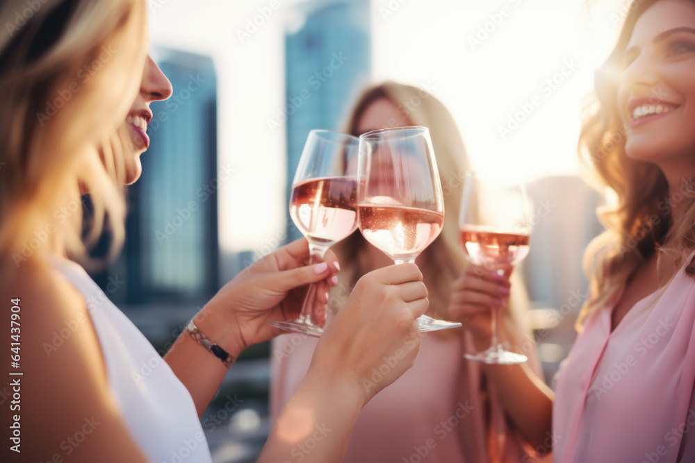 Group of happy rich and stylish woman friends clinking with glasses of wine, celebrating holiday in Dubai with skyline and skyscrapers in the background - obrazy, fototapety, plakaty 