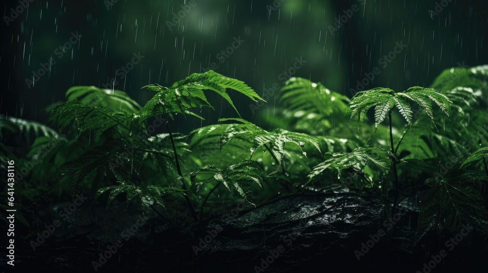 A mesmerizing depiction of rain-splattered leaves in a serene forest setting, where the play of light and shadow creates a mood of peaceful calm