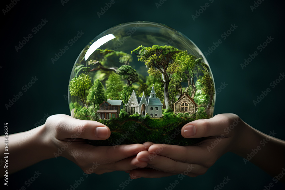 Hands holding miIniature village in green forest in a glass sphere. Clean environment, eco-friendly and sustainable concept.