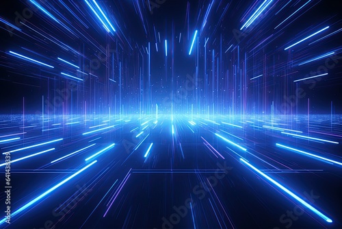 Abstract neon blue background, cyber space, parallel universe, lines, stripes, glow. AI generated