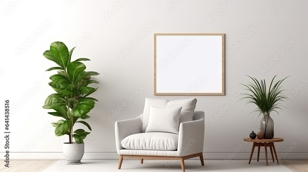 3D rendering of an interior poster that shows a living room with a chair against a blank white wall. 3D rendering of an interior poster that shows a living room with a chair against a blank white wall.