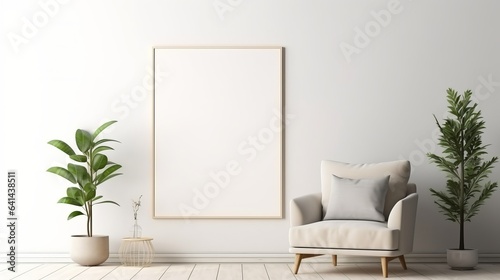 3D rendering of an interior poster that shows a living room with a chair against a blank white wall.