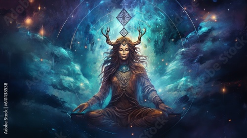 A transcendental spiritual representation of Lord Shiva with the cosmos as the backdrop. Gurudeva, electronic art, and Mahamaya