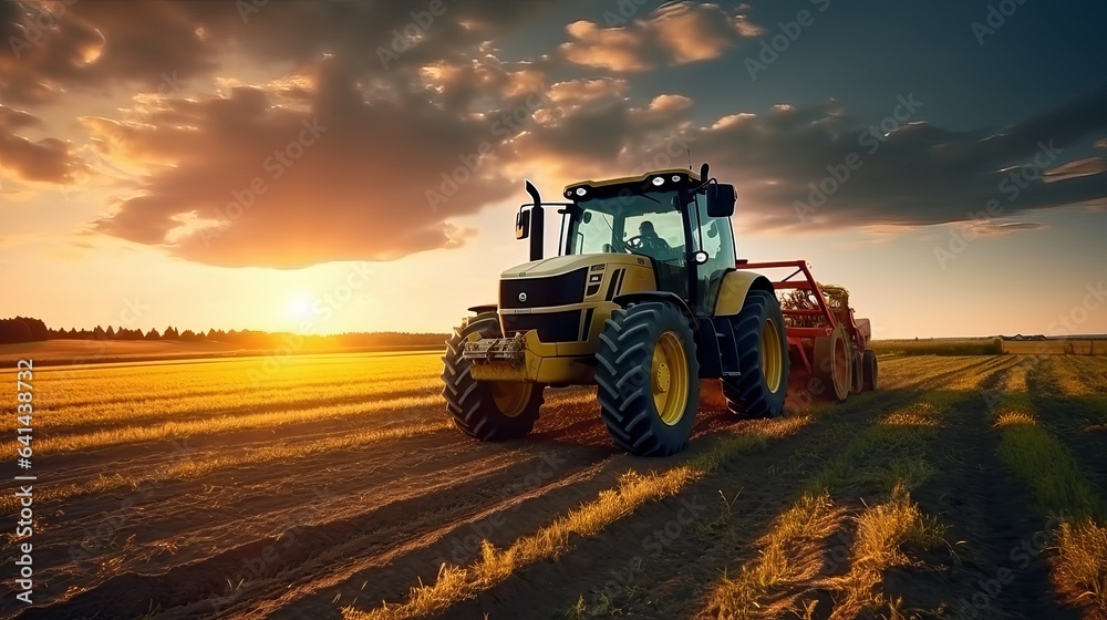 Large field is traversed by tractor, which creates special beds for planting seeds into decontaminated soil. At dusk, an agricultural vehicle is at work in the countryside. Large field is traversed by tractor, which creates special beds for planting seeds into decontaminated soil. At dusk, an agricultural vehicle is at work in the countryside.