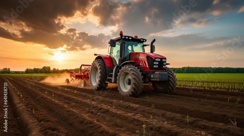 Using a tractor  a farm field is seeded. Activity in agriculture