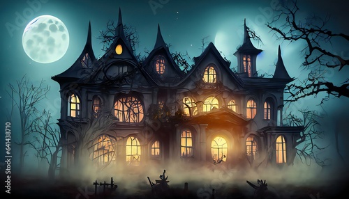 New Halloween haunted Old house With Big Moon, Flying Bats. © Pikbundle