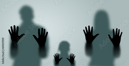 Family Hands touching blue glass Scream for help 