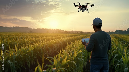 In an agricultural corn field, an agronomist uses technology