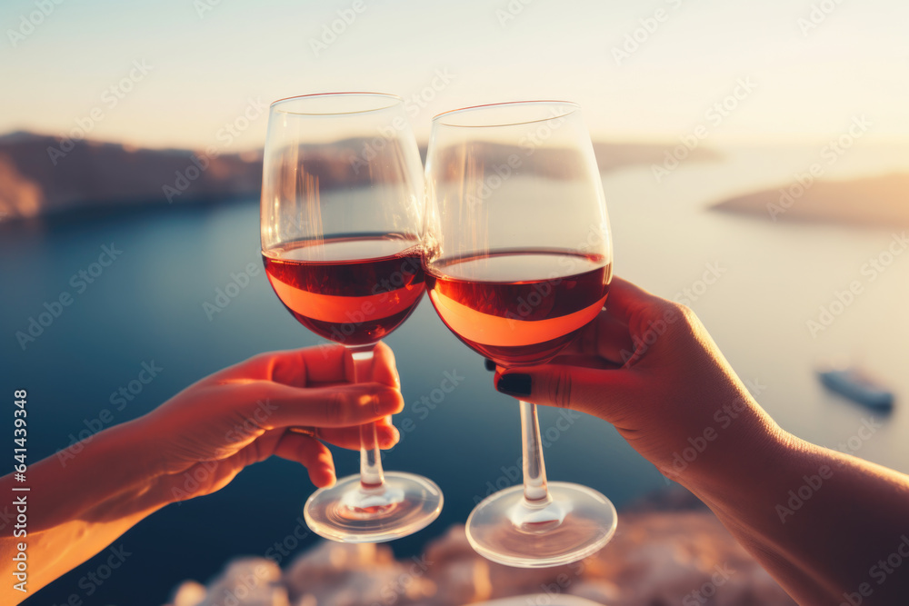 Group of happy female friends celebrating holiday clinking glasses of rose wine in Santorini