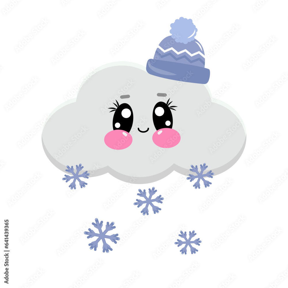 Cartoon kawaii funny cloud with happy face, beanie and falling snow or snowing. Cute baby character. Vector illustration isolated on white background for kids