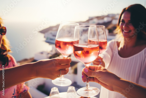 Group of happy female friends celebrating holiday clinking glasses of rose wine in Santorini