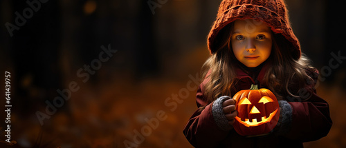 Halloween jack o lantern in hands of little girl in forest. Generative AI