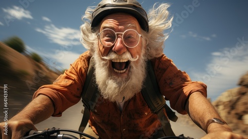 Energetic joyful and smiling elderly man riding bicycle. Generative AI © piai