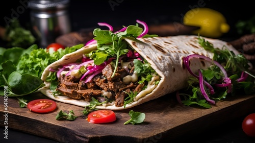 Shawarma sandwich gyro roll, Fresh meat and vegetables fully loaded, Vegetable bread kebab pita delicious snack