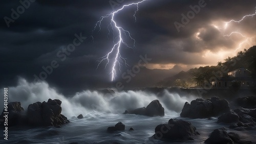 storm over the ocean, lightening, lone house against the sea