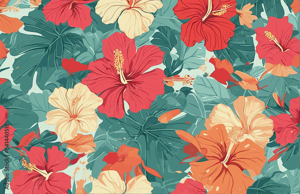 Fototapeta premium a blue background with pink and yellow flowers, a silk screen maximalism, wallpaper, repeating pattern, made of flower