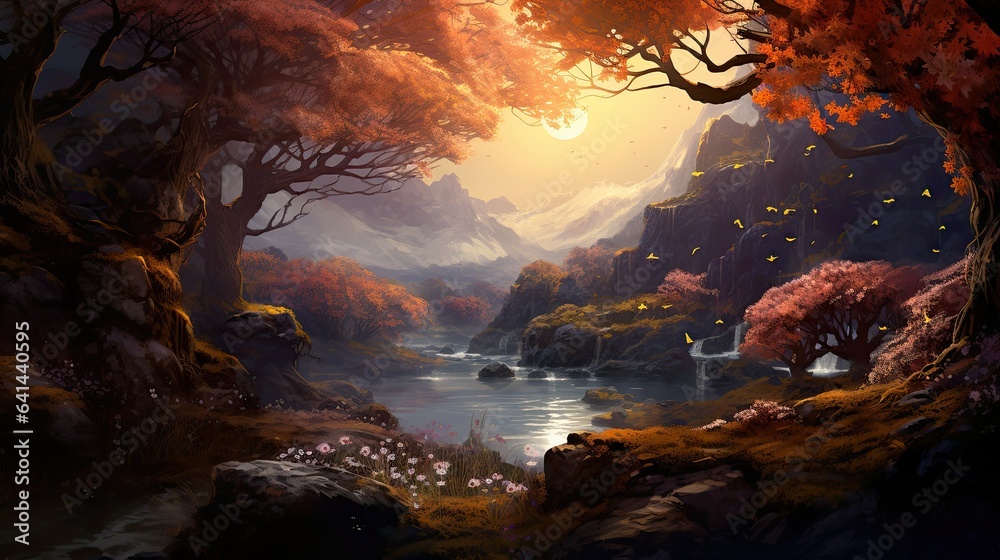 Forest scenery with a lake and mountains, fantasy forest, abstract illustration Forest scenery with a lake and mountains, fantasy forest, abstract illustration