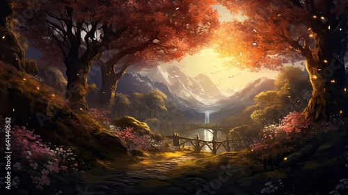 Forest scenery with a lake and mountains, fantasy forest, abstract illustration © EchoStudios