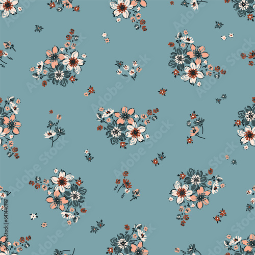 Ditsy Fashion Print. Flower Bouquets Vector Seamless Pattern. Simple Flower Garlands. Millefleurs Liberty Style. Floral Design. Blooming Meadow. Vintage Wildflowers Blue Background