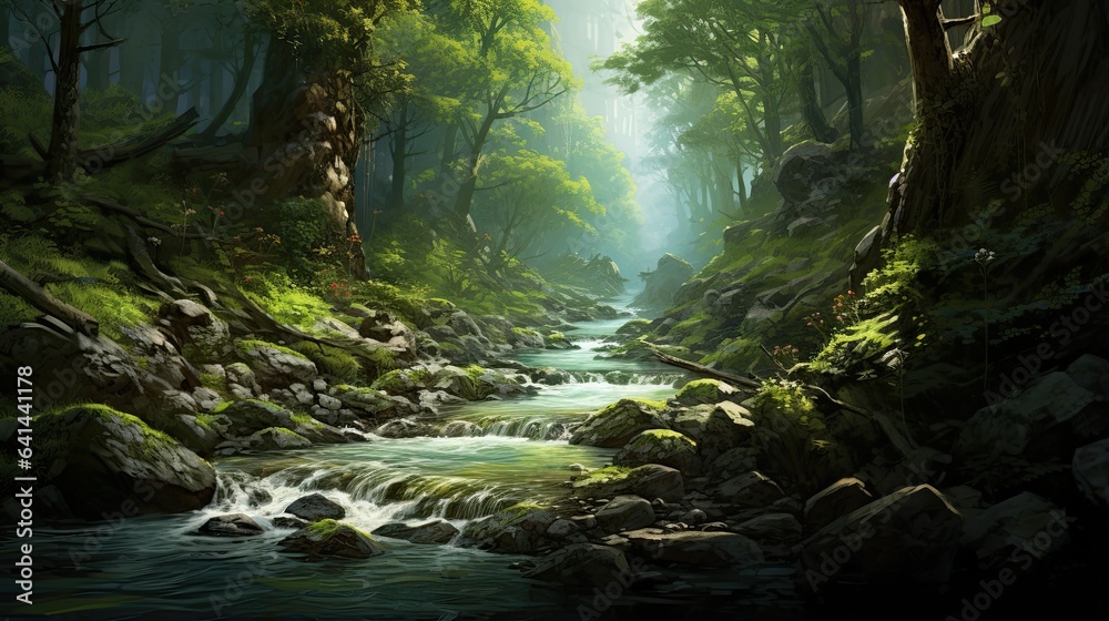 Abstract forest scenery, flowing river in a forest with rocks, illustration