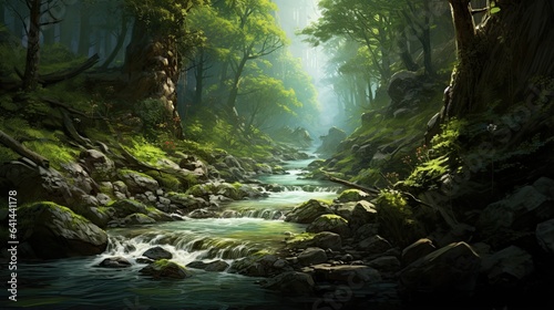Abstract forest scenery  flowing river in a forest with rocks  illustration