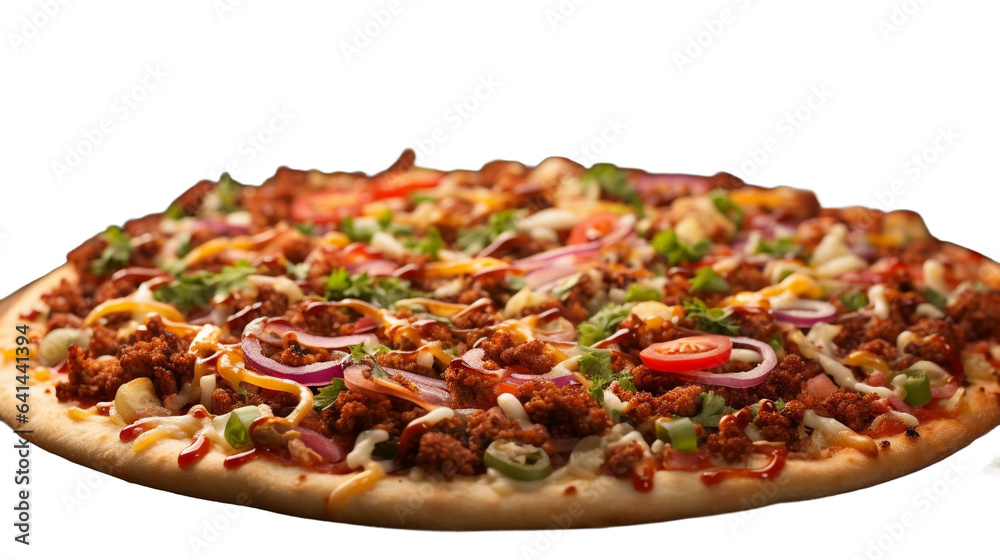 pizza isolated on white background Classic, Slices, Wood-fired,  Crispy,  Pepper flakes, Family-sized, Dough, Takeout, Delicious, Piping hot, Foodie favorite, Satisfying, Flavorful