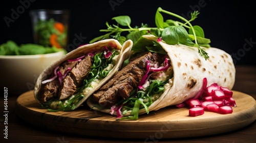 Shawarma sandwich gyro roll, Fresh meat and vegetables fully loaded, Vegetable bread kebab pita delicious snack