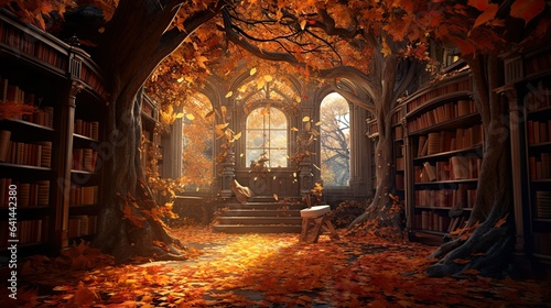 Fantasy library in an enchanted forest, autumn leaves, fairy tale art, digital illustration