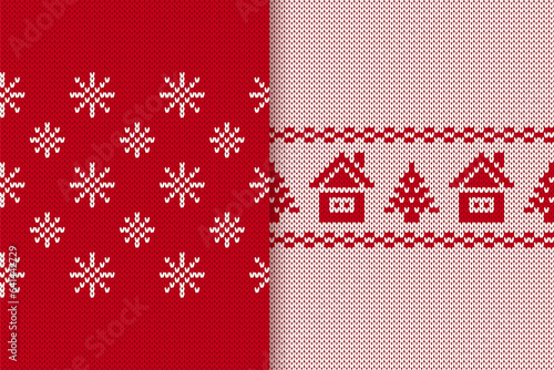 Knitted sweater background. Red and white christmas seamless pattern with hut, snowflakes, trees. Knit print with flowers and houses. Xmas geometric texture. Vector illustration