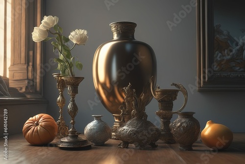 still life with a vase of flowers and a vase of a vase on a tablestill life with a vase of flowers a photo