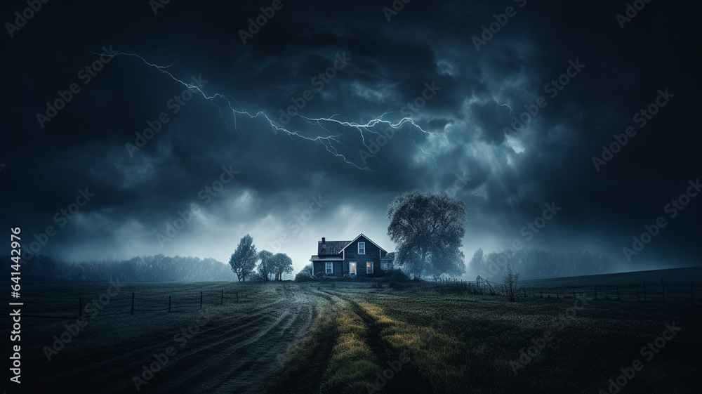 lightning storm over a farm house  - obrazy, fototapety, plakaty 