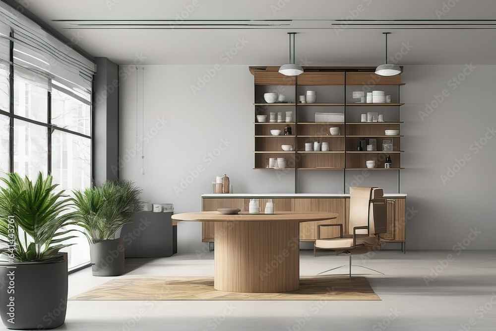 interior of light wooden office with white walls, concrete floor, comfortable white desk with comput
