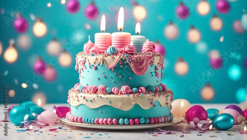 Festive pink and blue cake  balloons  candles