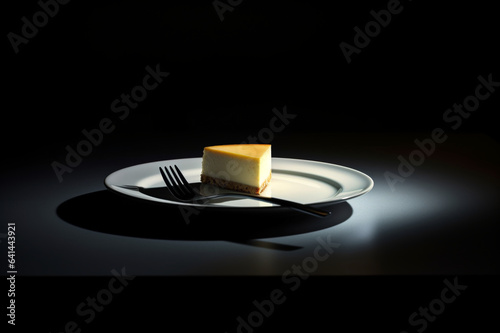 piece of cake on a plate  cheesecake on a plate  a plate with a piece of cheesecake and a fork  dark background  food illustration 