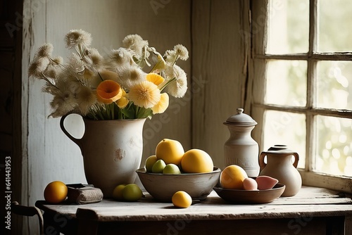 fresh yellow lemons, apples, lemons in a white vase on a wooden background.fresh yellow lemons, appl photo