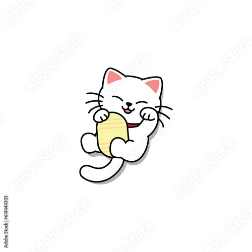 Maneki neko kawaii lucky cat lying belly up cartoon, vector illustration