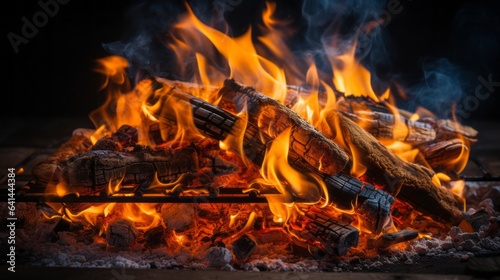 Close up of burning flames, bonfire, bbq fire, BBQ camp. BBQ grill with glowing charcoal and bright flames Generative AI.