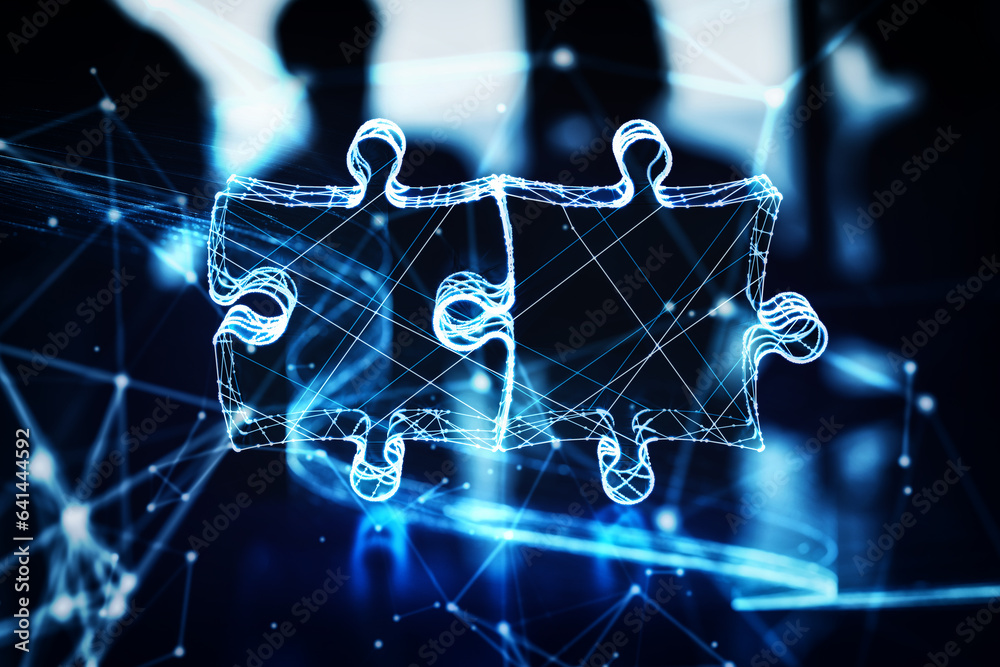 Illuminated wireframe of two connected puzzle pieces on dark blue background. 3D Rendering - obrazy, fototapety, plakaty 