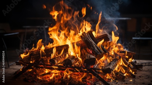 Close up of burning flames, bonfire, bbq fire, BBQ camp. BBQ grill with glowing charcoal and bright flames Generative AI.
