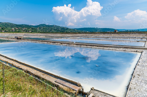 A view of reflections in the crystallisation pools at the salt pans at Secovlje, near to Piran, Slovenia in summertime