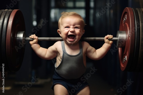 Little  smiling strong Boy lifts a barbell. Generative AI © piai