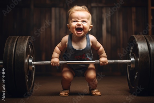 Little  smiling strong Boy lifts a barbell. Generative AI