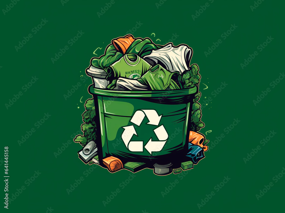 recycled garment container with drawing style, recycled logo & reuse, sustainability, ecology
