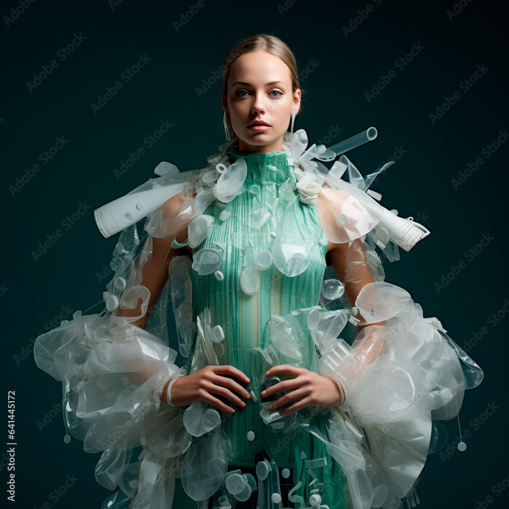 woman wearing a dress made of plastic. Pollution from plastics, bottles and bags in the fashion sector.